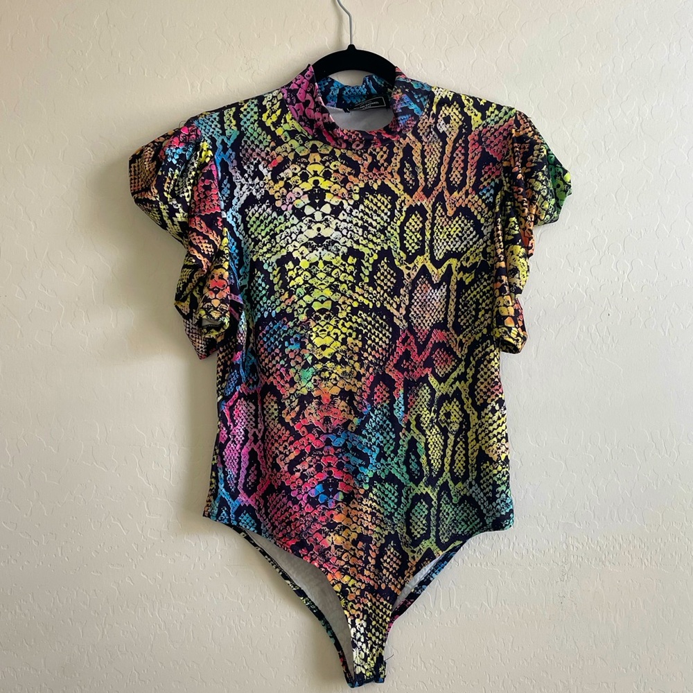 Rainbow neon puff sleeve bodysuit